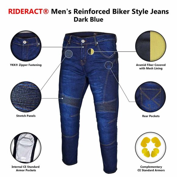 RIDERACT® Mens Biker Riding Denim Pants Reinforced Dark Blue Denim Jeans NEW - Picture 8 of 9